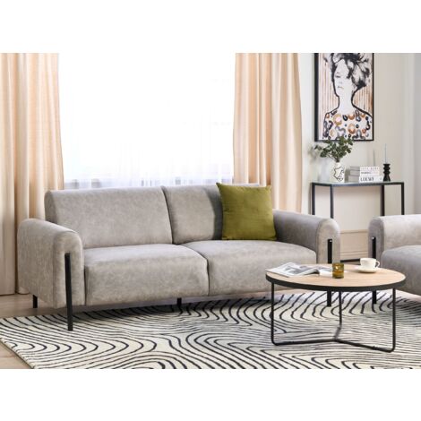 Modern Living Room 3 Seater Sofa Settee Upholstered Fabric Leather Look Adjustable Backrest Finished Back Metal Legs Grey Askim