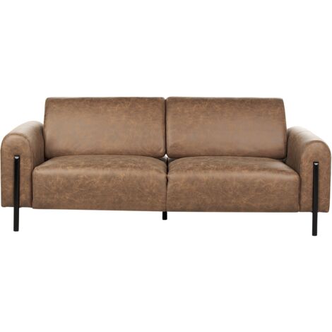 Modern Living Room 3 Seater Sofa Settee Upholstered Fabric Leather Look Adjustable Backrest Finished Back Metal Legs Brown Askim