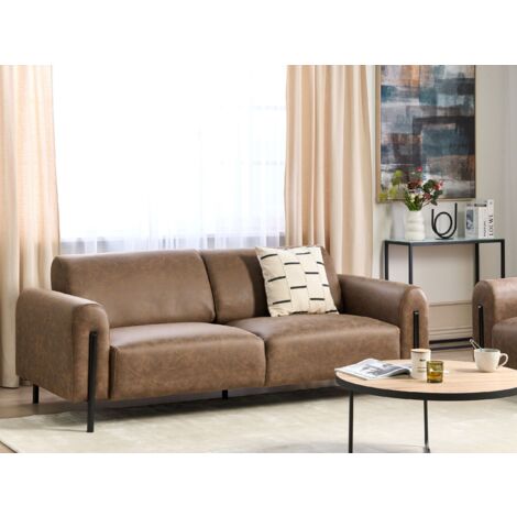 Modern Living Room 3 Seater Sofa Settee Upholstered Fabric Leather Look Adjustable Backrest Finished Back Metal Legs Brown Askim