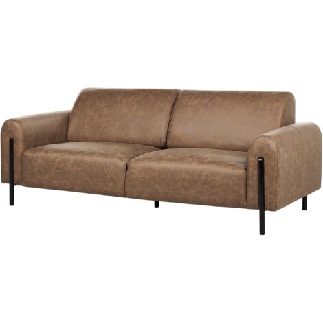 Modern Living Room 3 Seater Sofa Settee Upholstered Fabric Leather Look Adjustable Backrest Finished Back Metal Legs Brown Askim