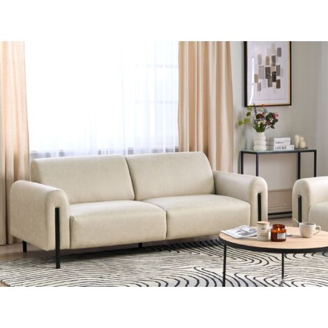 Modern Living Room 3 Seater Sofa Settee Upholstered Fabric Leather Look Adjustable Backrest Finished Back Metal Legs Beige Askim