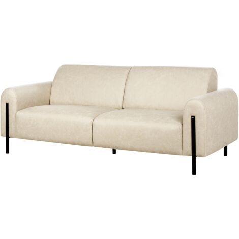 Modern Living Room 3 Seater Sofa Settee Upholstered Fabric Leather Look Adjustable Backrest Finished Back Metal Legs Beige Askim