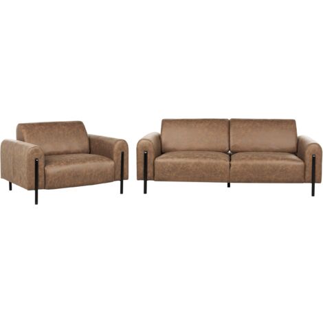 Modern Living Room Set 3 Seater Sofa Armchair Upholstered Fabric Leather Look Adjustable Backrest Finished Back Metal Legs Brown Askim