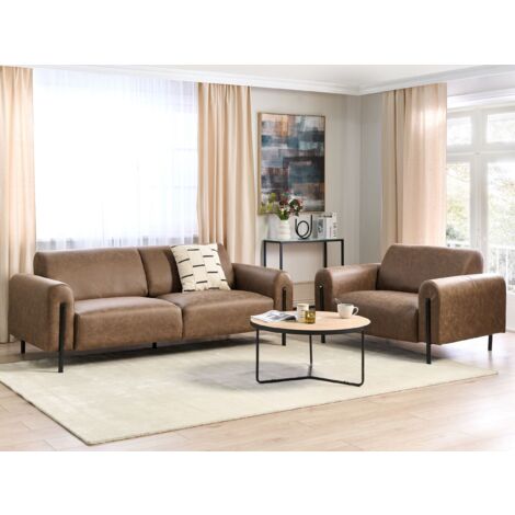 Modern Living Room Set 3 Seater Sofa Armchair Upholstered Fabric Leather Look Adjustable Backrest Finished Back Metal Legs Brown Askim
