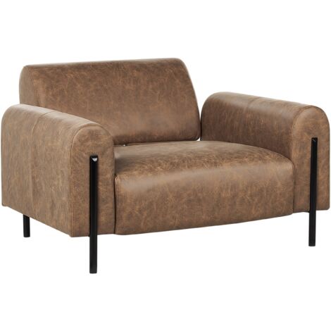 Modern Living Room Armchair Upholstered Fabric Leather Look Adjustable Backrest Finished Back Metal Legs Brown Askim