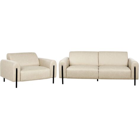 Modern Living Room Set 3 Seater Sofa Armchair Upholstered Fabric Leather Look Adjustable Backrest Finished Back Metal Legs Beige Askim