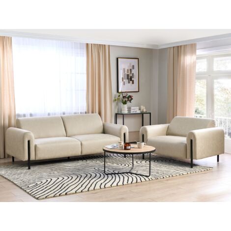 Modern Living Room Set 3 Seater Sofa Armchair Upholstered Fabric Leather Look Adjustable Backrest Finished Back Metal Legs Beige Askim