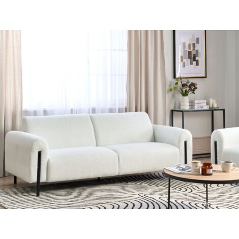 Modern Living Room 3 Seater Sofa Boucle Fabric Adjustable Backrest Finished Back Metal Legs White Askim