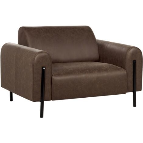 Modern Living Room Armchair Upholstered Fabric Leather Look Adjustable Backrest Finished Back Metal Legs Dark Brown Askim
