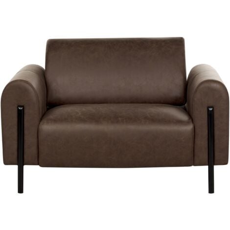 Modern Living Room Armchair Upholstered Fabric Leather Look Adjustable Backrest Finished Back Metal Legs Dark Brown Askim
