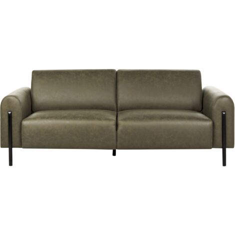 Modern Living Room 3 Seater Sofa Settee Fabric Leather Look Adjustable Backrest Finished Back Metal Legs Dark Green Askim