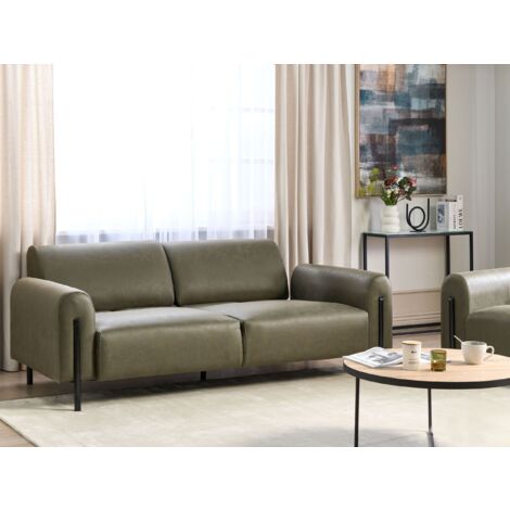 Modern Living Room 3 Seater Sofa Settee Fabric Leather Look Adjustable Backrest Finished Back Metal Legs Dark Green Askim