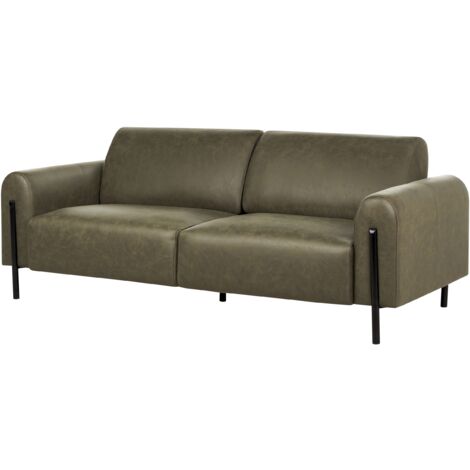 Modern Living Room 3 Seater Sofa Settee Fabric Leather Look Adjustable Backrest Finished Back Metal Legs Dark Green Askim