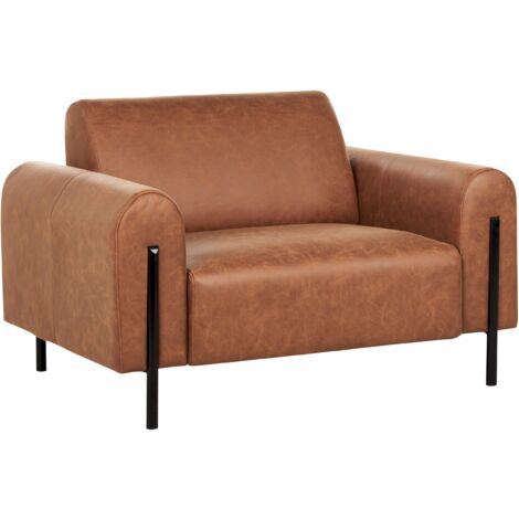 Modern Living Room Armchair Fabric Leather Look Adjustable Backrest Finished Back Metal Legs Golden Brown Askim