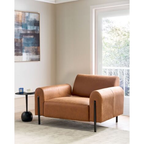 Modern Living Room Armchair Fabric Leather Look Adjustable Backrest Finished Back Metal Legs Golden Brown Askim