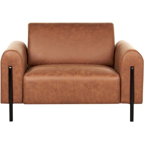 Modern Living Room Armchair Fabric Leather Look Adjustable Backrest Finished Back Metal Legs Golden Brown Askim