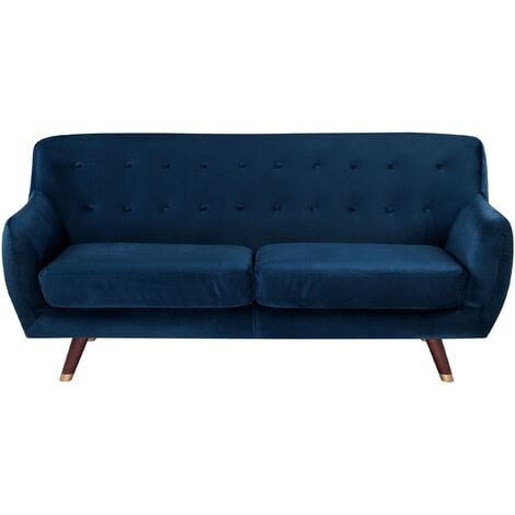 Modern Velvet 3 Seater Sofa Navy Blue Tufted Backrest Solid Wood Legs Bodo