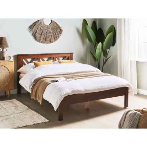 Modern EU Double Size Wooden Bed Frame 4ft6 Dark Wood Headboard Slats Tannay
