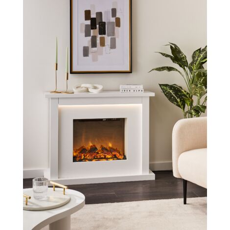 Electric Fireplace Heater with LED Log Fire Flames Effect Remote Control White Karoo