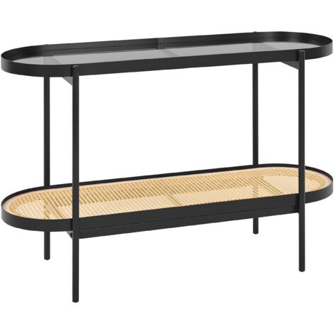 Modern Console Table Glass Tabletop Metal Frame 1 Shelf Viennese Braid Light Wood 120 x 42 cm Reno