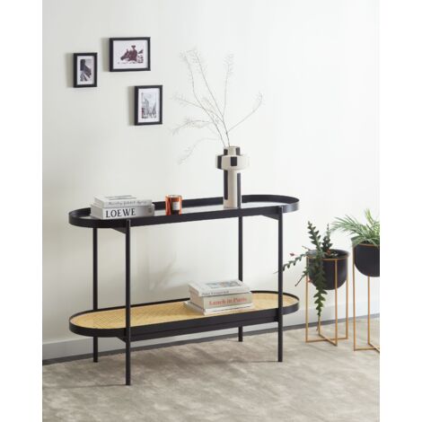 Modern Console Table Glass Tabletop Metal Frame 1 Shelf Viennese Braid Light Wood 120 x 42 cm Reno