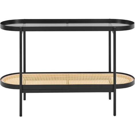 Modern Console Table Glass Tabletop Metal Frame 1 Shelf Viennese Braid Light Wood 120 x 42 cm Reno