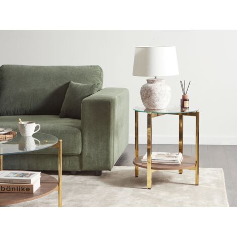 Modern Side Table Tempered Glass Tabletop Metal Frame 1 Shelf Dark Wood Gold ø 50 cm Lovell