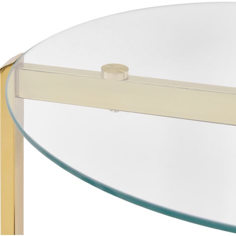 Modern Side Table Tempered Glass Tabletop Metal Frame 1 Shelf Dark Wood Gold ø 50 cm Lovell