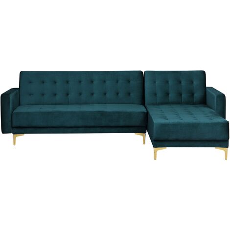 Modular Left Hand L-Shaped Corner Sofa Bed Teal Velvet Tufted Aberdeen - Green