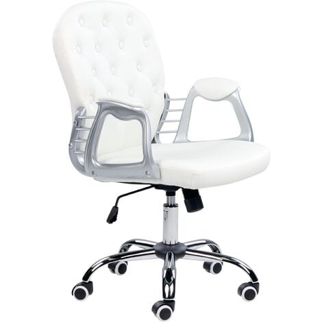 Faux Leather Office Chair White Swivel Adjustable Buttoned Backrest Princess - White