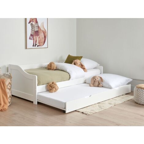 Kids Wooden EU Single Trundle Bed Frame Slide Out Frame Pine Wood White Luneray