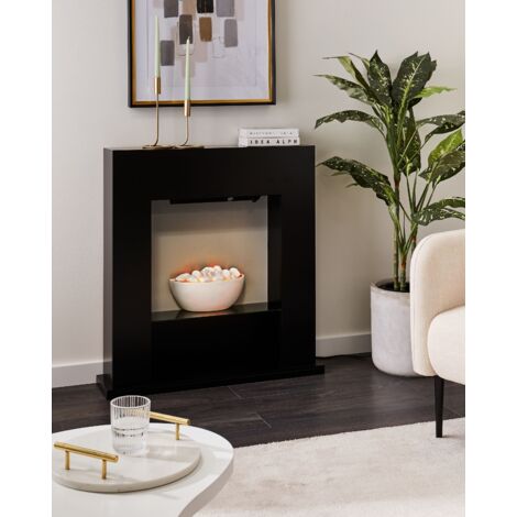 Electric Fireplace Heater with LED Coals Pebbles Fire Flames Effect Black Djurab