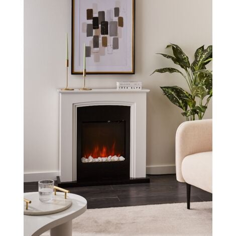 Electric Fireplace Heater with LED Coals Pebbles Fire Flames Effect White Nyiri