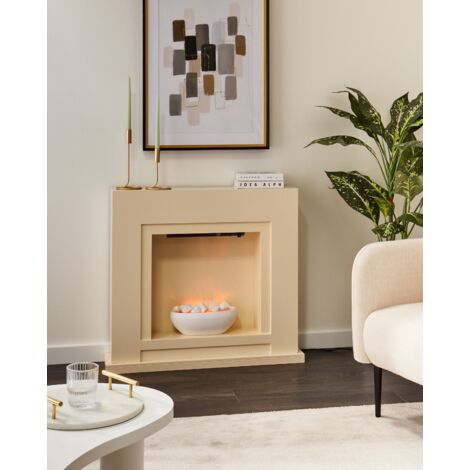 Electric Fireplace Heater with LED Coals Pebbles Fire Flames Effect Beige Sahara