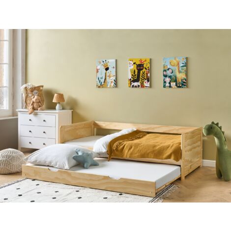 Kids Wooden EU Single Trundle Bed Frame Slide Out Extra Bed Pine Wood Light Shade Gravelines