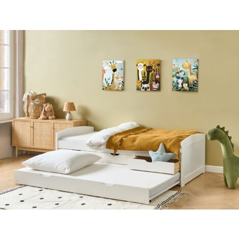 Kids Wooden EU Single Trundle Bed Frame Slide Out Extra Bed Storage Drawers Pine Wood White Petiville