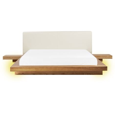Modern EU King Size Platform Bed with LED 5ft3 Side Tables Faux Leather Headboard MDF Light Wood Zen
