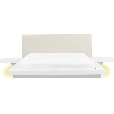 Modern EU King Size Platform Bed with LED 5ft3 Side Tables Faux Leather Headboard MDF White Zen