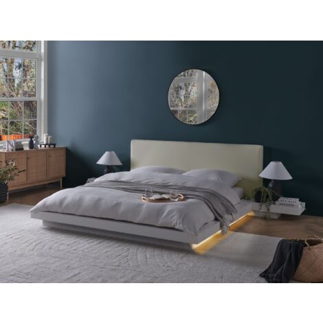 Modern EU King Size Platform Bed with LED 5ft3 Side Tables Faux Leather Headboard MDF White Zen