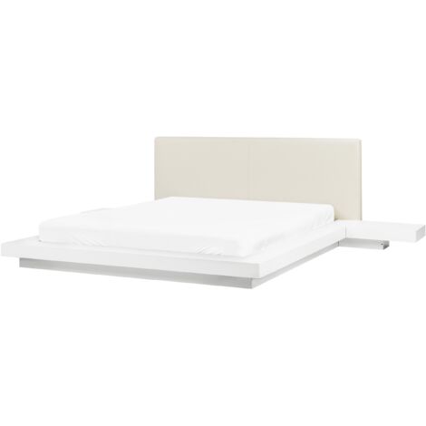 Modern EU King Size Platform Bed with LED 5ft3 Side Tables Faux Leather Headboard MDF White Zen