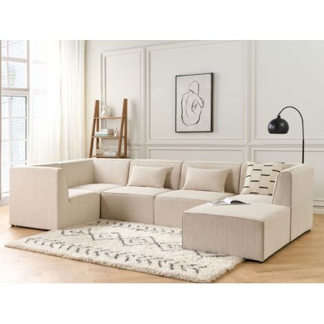 Modular Corner Sofa 5 Seater LEMVIG Corduroy Light Beige with Ottoman ...