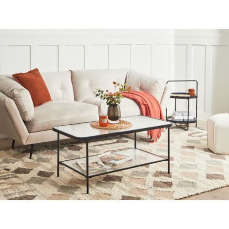 Rectangular Retro Coffee Table Fluted Tempered Glass Iron Frame Shelf Black 100 x 51cm Blair