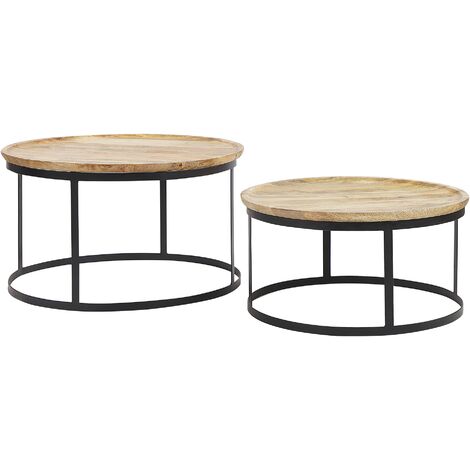 Modern Nest Of 2 Tables Steel Black Base Solid Wood Round Tray Tabletop Osian