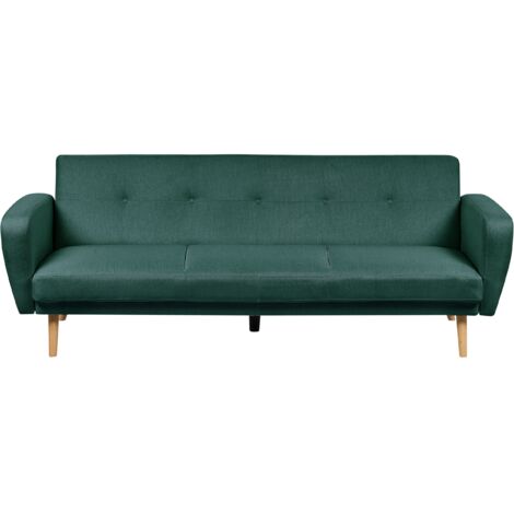 Modern Convertible Sofa Bed 3 Seater Green Fabric Tufted Wood Legs Retro Florli