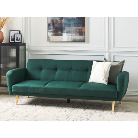 Modern Convertible Sofa Bed 3 Seater Green Fabric Tufted Wood Legs Retro Florli