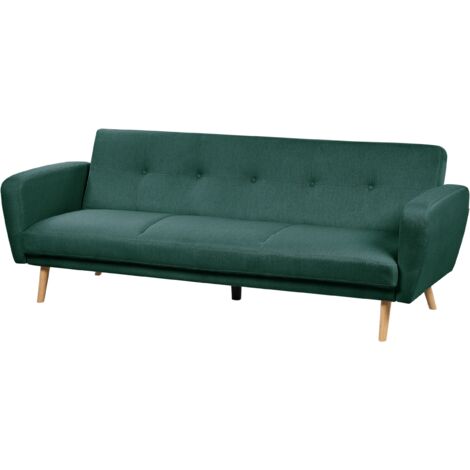 Modern Convertible Sofa Bed 3 Seater Green Fabric Tufted Wood Legs Retro Florli