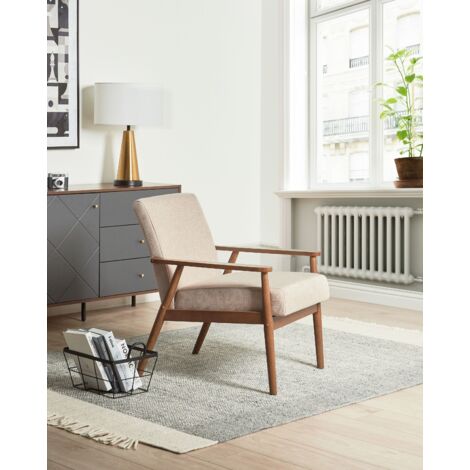 Retro Living Room Armchair Polyester Linen-Like Upholstery Wooden Dark Frame Beige Esrum