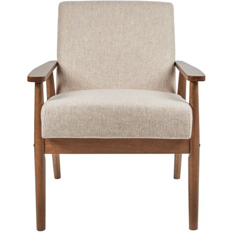 Retro Living Room Armchair Polyester Linen-Like Upholstery Wooden Dark Frame Beige Esrum