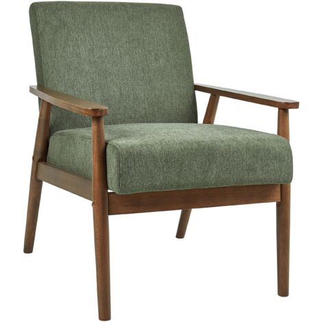 Retro Living Room Armchair Polyester Linen-Like Upholstery Wooden Dark Frame Green Esrum