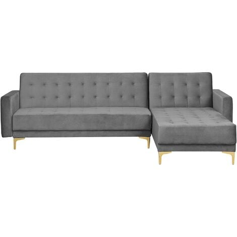 Modular Left Hand L-Shaped Corner Sofa Bed Grey Velvet Tufted Aberdeen